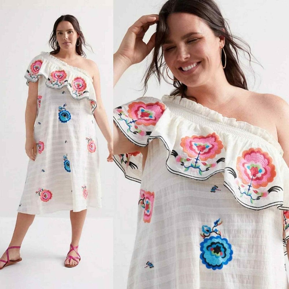 Anthropologie White Floral Embroidered Midi Dress